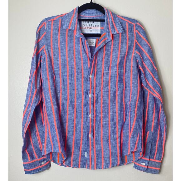 FRANK & EILEEN SHIRT XS BARRY LINEN NEON PINK STRIPED BLUE BUTTON UP TOP - Picture 1 of 9